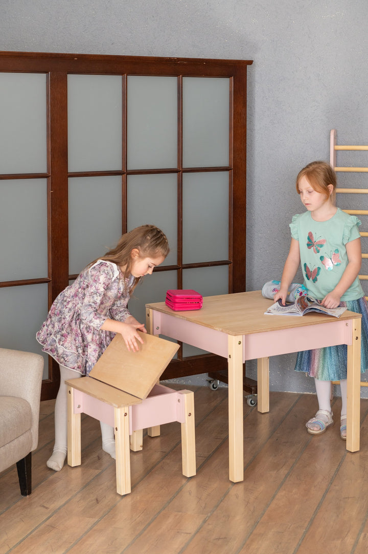 Sæt med smart opbevaringsbord og stol, pink og naturfarvet