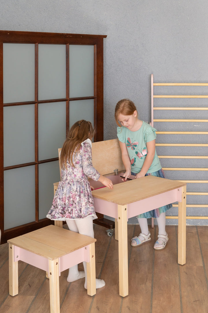 Sæt med smart opbevaringsbord og stol, pink og naturfarvet