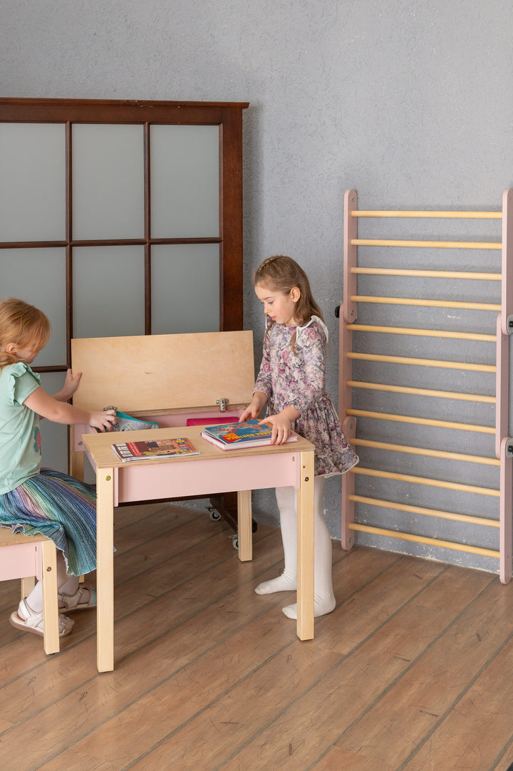 Sæt med smart opbevaringsbord og stol, pink og naturfarvet
