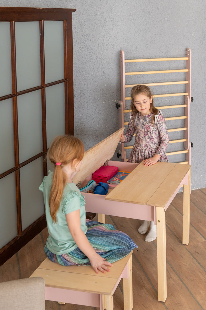 Sæt med smart opbevaringsbord og stol, pink og naturfarvet