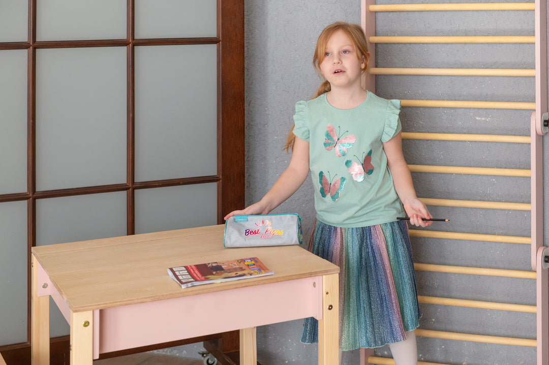 Sæt med smart opbevaringsbord og stol, pink og naturfarvet