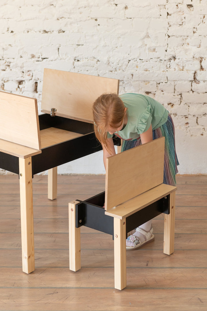 Sæt med smart opbevaringsbord og stol, sort og naturfarvet