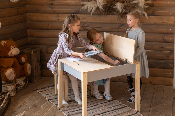 Sæt med smart opbevaringsbord og stol, grå og naturfarvet