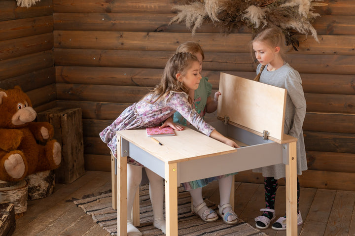 Sæt med smart opbevaringsbord og stol, grå og naturfarvet