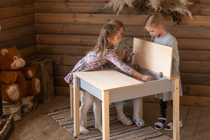 Sæt med smart opbevaringsbord og stol, grå og naturfarvet