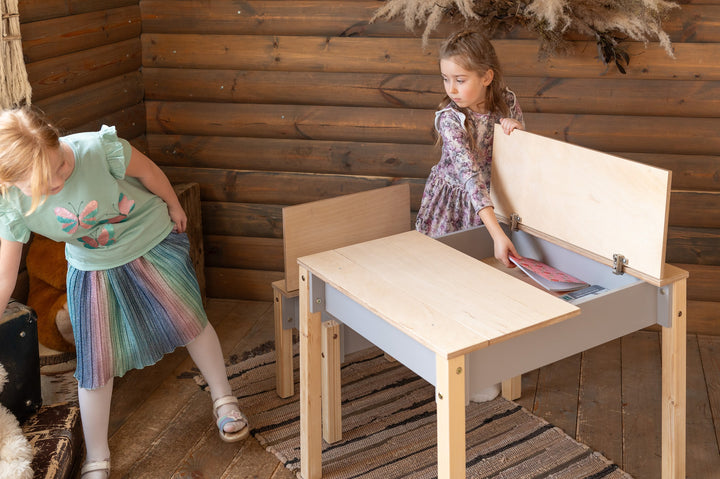 Sæt med smart opbevaringsbord og stol, grå og naturfarvet