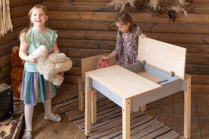 Sæt med smart opbevaringsbord og stol, grå og naturfarvet