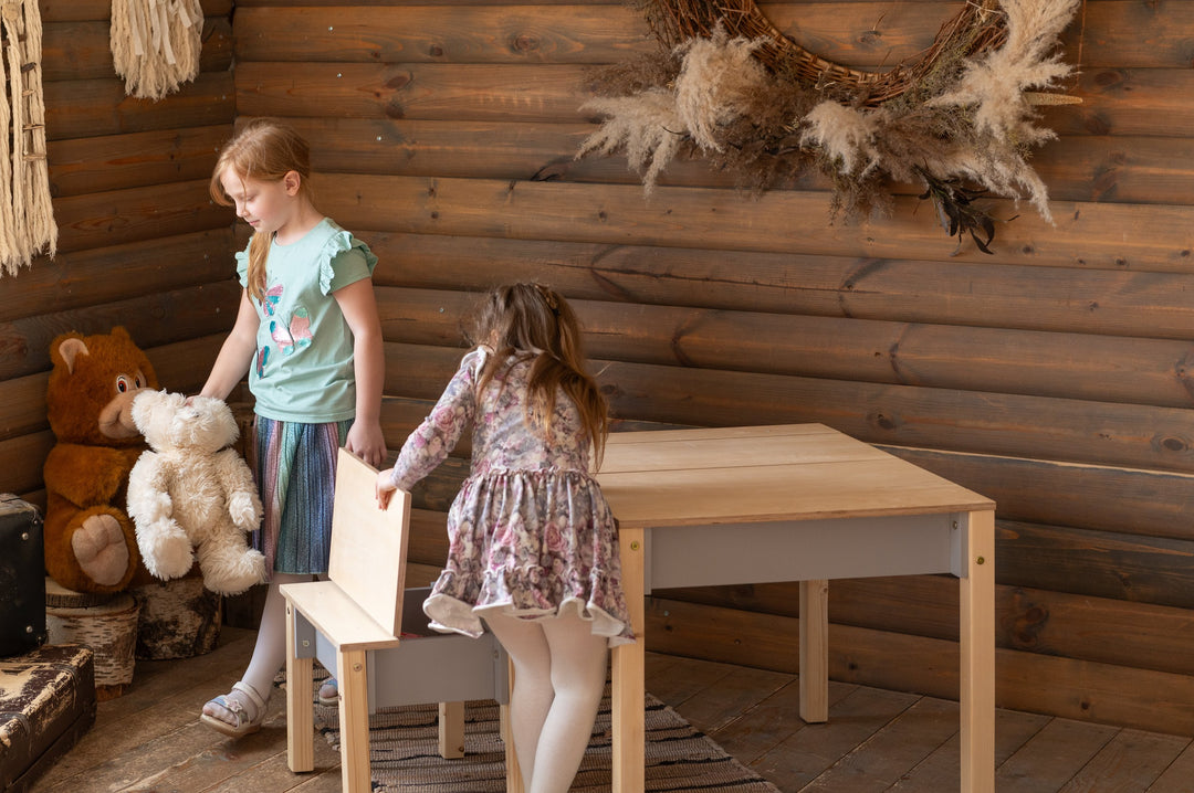 Sæt med smart opbevaringsbord og stol, grå og naturfarvet