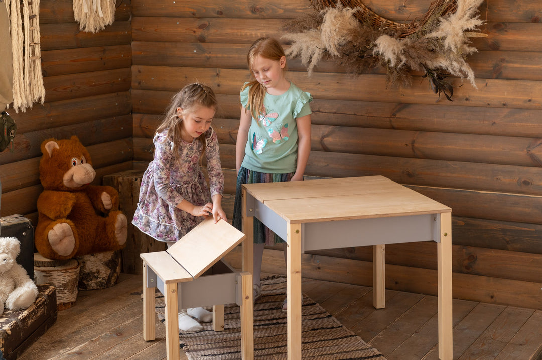 Sæt med smart opbevaringsbord og stol, grå og naturfarvet