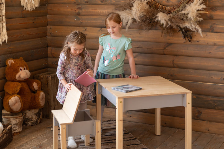 Sæt med smart opbevaringsbord og stol, grå og naturfarvet