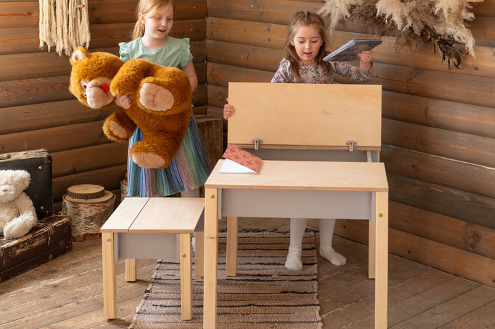 Sæt med smart opbevaringsbord og stol, grå og naturfarvet