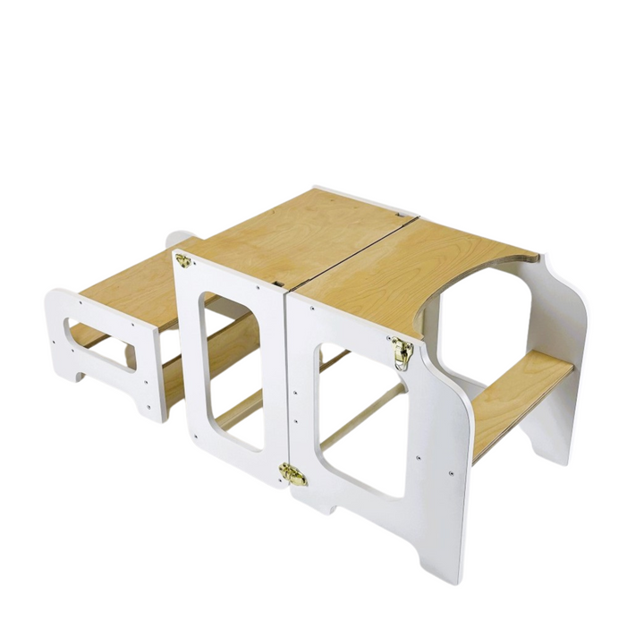 Læringstårn i træ, hvid og naturfarvet