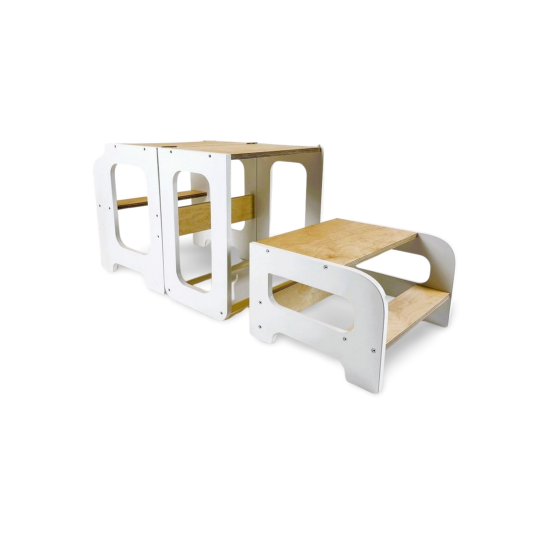 Læringstårn i træ, hvid og naturfarvet