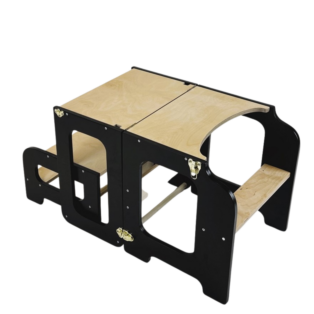 Læringstårn i træ, sort og naturfarvet