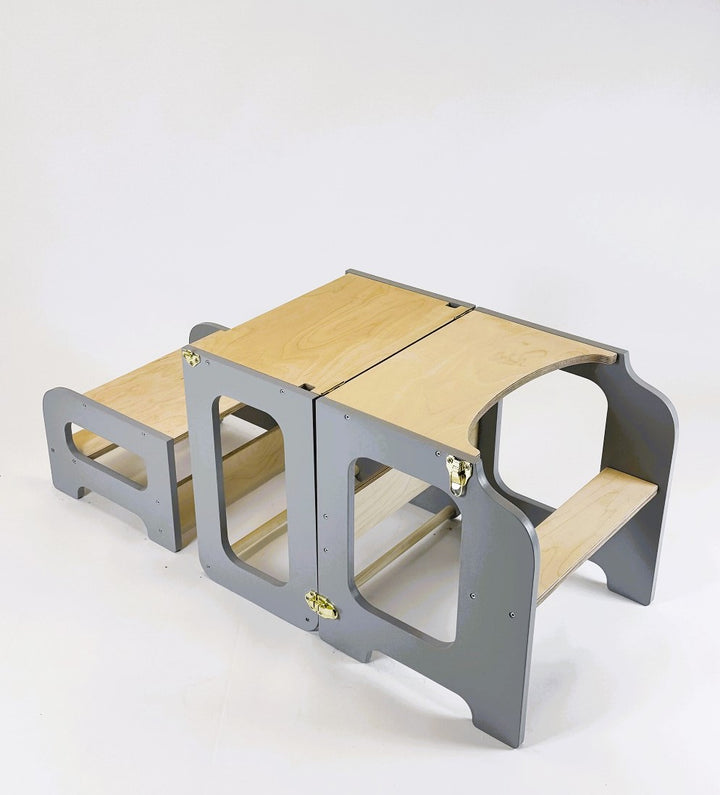 Læringstårn i træ, grå og naturfarvet