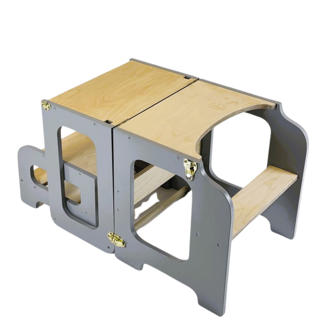 Læringstårn i træ, grå og naturfarvet