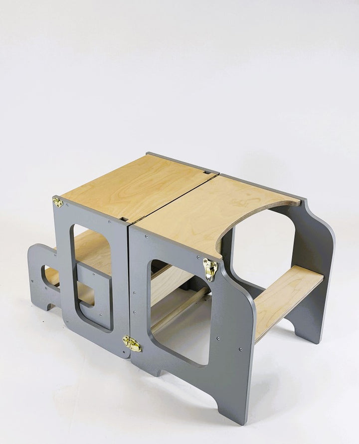 Læringstårn i træ, grå og naturfarvet