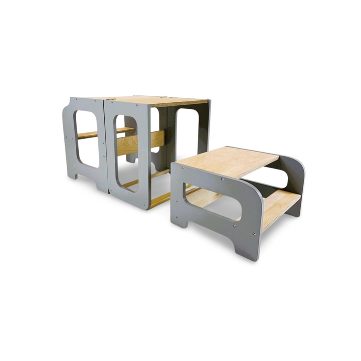 Læringstårn i træ, grå og naturfarvet