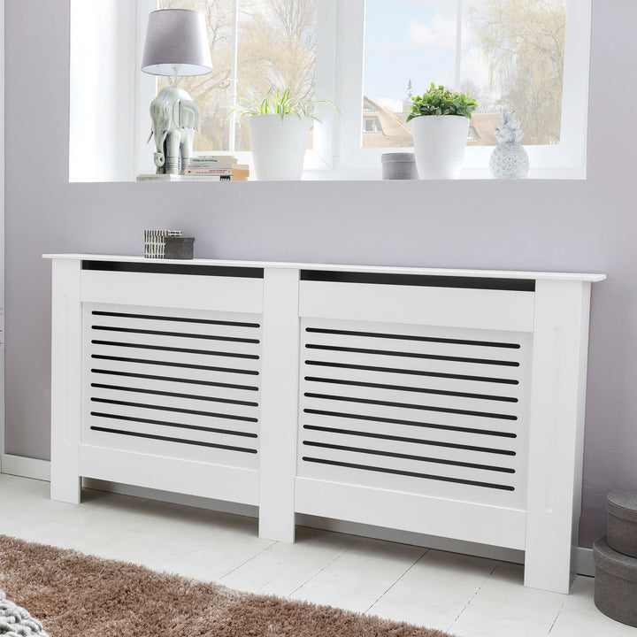 Designer radiatordæksel WL5.746 Hvid matlakeret 152x83x19 cm, Stor radiatordæksel, Radiatordæksel med trælameller, Radiatordækselbeskyttelse