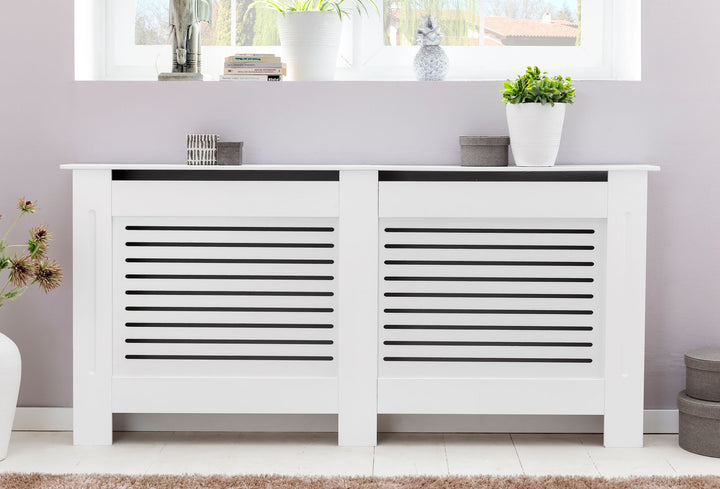 Designer radiatordæksel WL5.746 Hvid matlakeret 152x83x19 cm, Stor radiatordæksel, Radiatordæksel med trælameller, Radiatordækselbeskyttelse