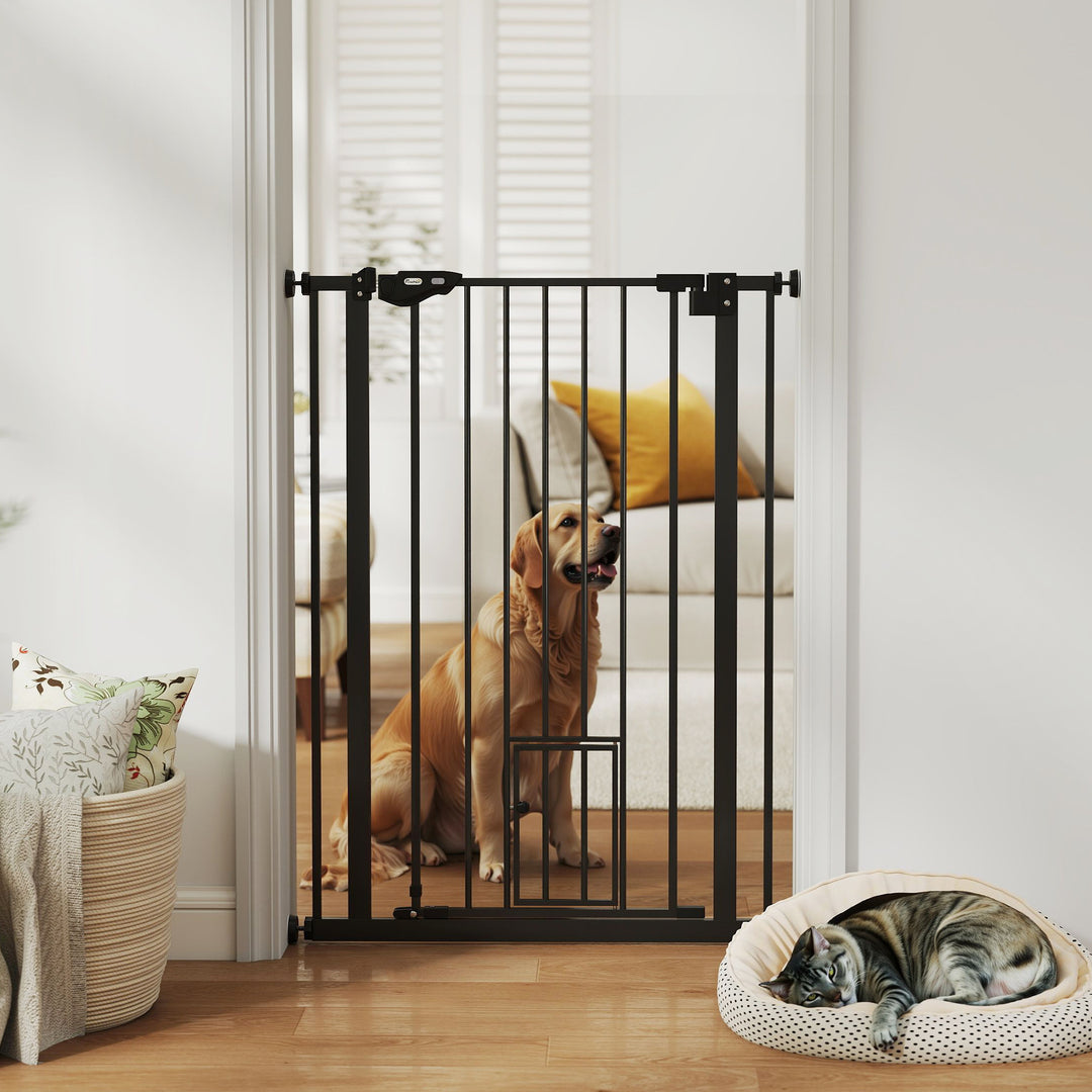Hundegitter, dobbelt låsemekanisme, selvlukkende dør, 104 cm høj, stål, sort