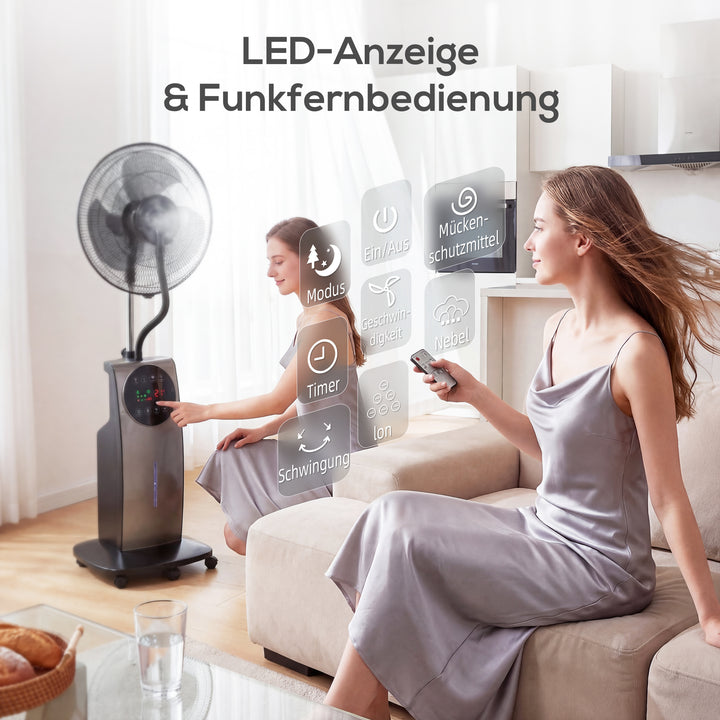Dugblæser med fjernbetjening, piedestalblæser med vandtåge, 70° oscillation, 3 hastigheder, 3 tilstande, 3,1L vandtank
