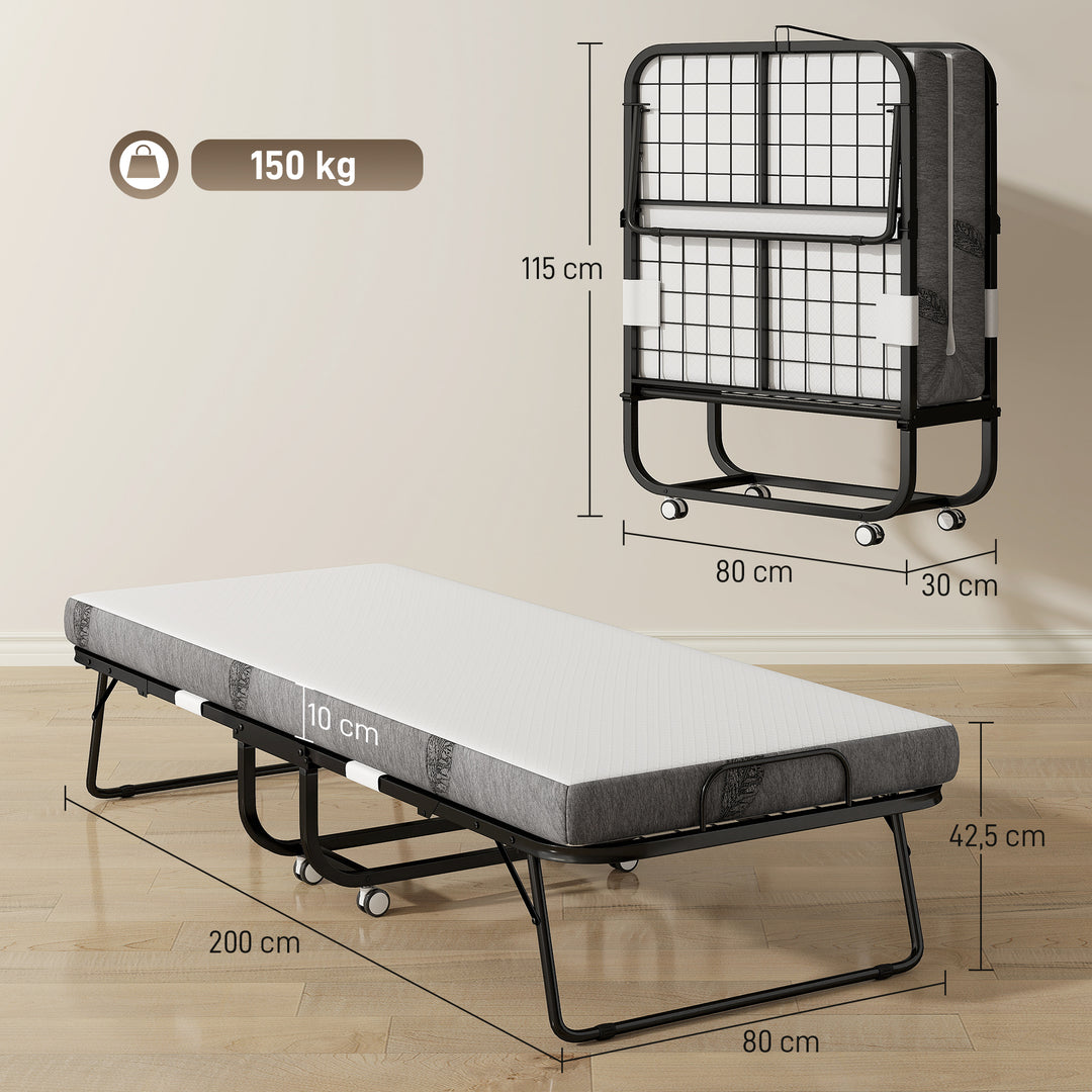 Gæsteseng sammenklappelig seng med hjul stål+skum hvid+sort 200 x 80 x 42,5 cm