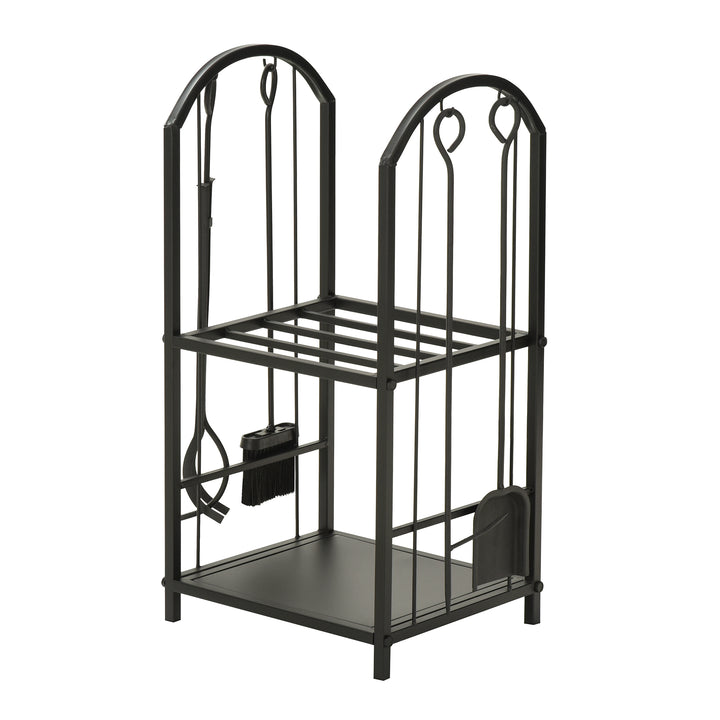 Brændestativ, brændestativ, brændestativ med 4 ekstra brændeværktøjer, pejsværktøj, 2-lags design, brændeopbevaring, pejsværktøj, metal, sort, 41,5 x 32,5 x 74,5 cm