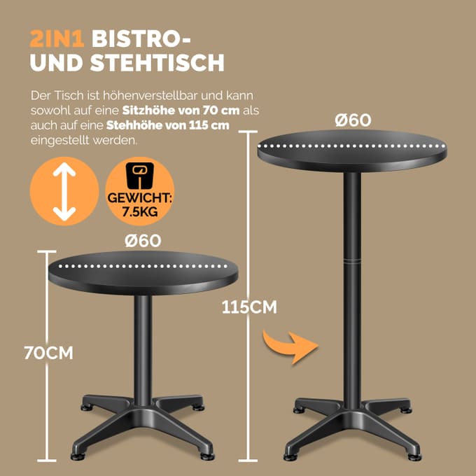 Barborde, sæt af 2 styks i sort aluminium, Ø60cm, højdejusterbart