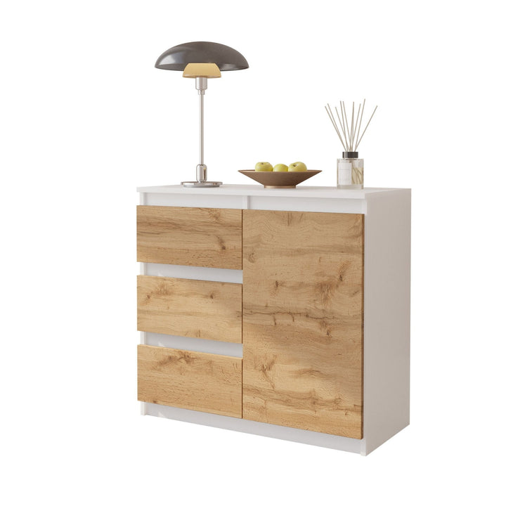 MIKEL - Kommode med 3 skuffer - mat hvid / naturfarvet H75cm B80cm D35cm