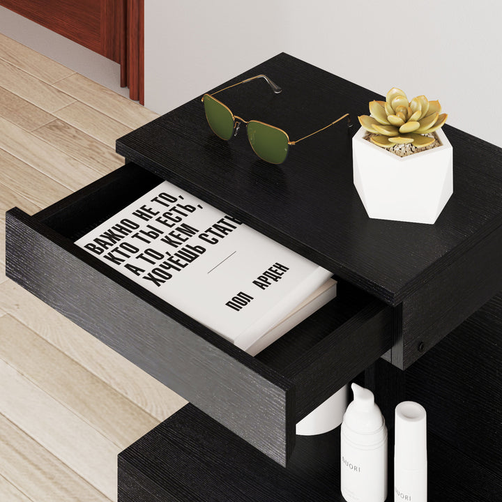 Natbord, sidebord med skuffe og opbevaringsrum, moderne sofabord med hylde til forskellige rum, sort