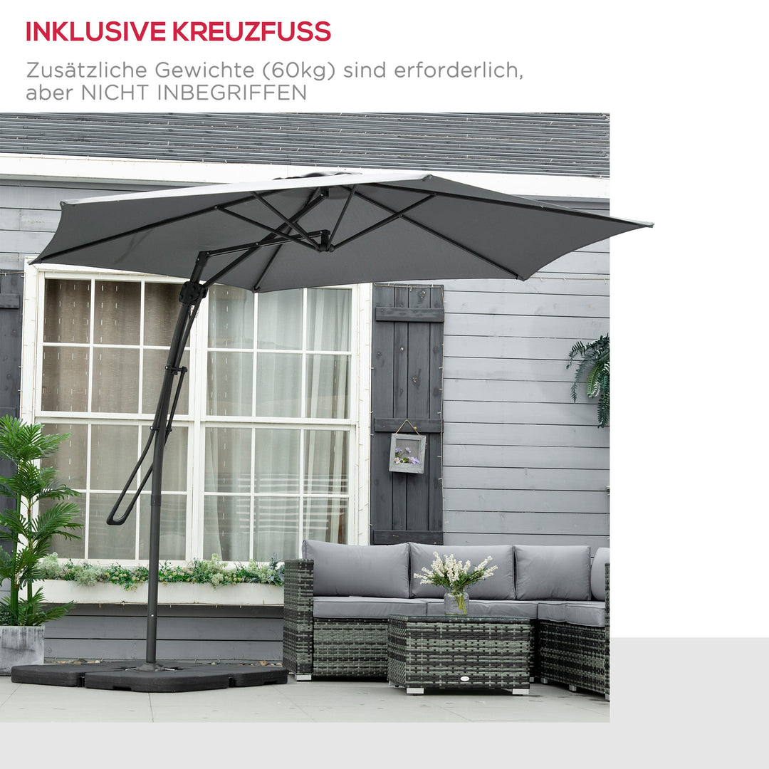 Fritstående parasol Ø293cm, solskærm med sidegreb, krydsfod, vindtæt, vandafvisende, mørkegrå
