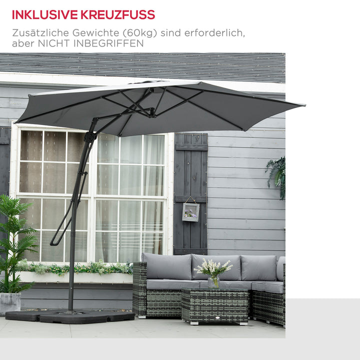 Fritstående parasol Ø293cm, solskærm med sidegreb, krydsfod, vindtæt, vandafvisende, mørkegrå