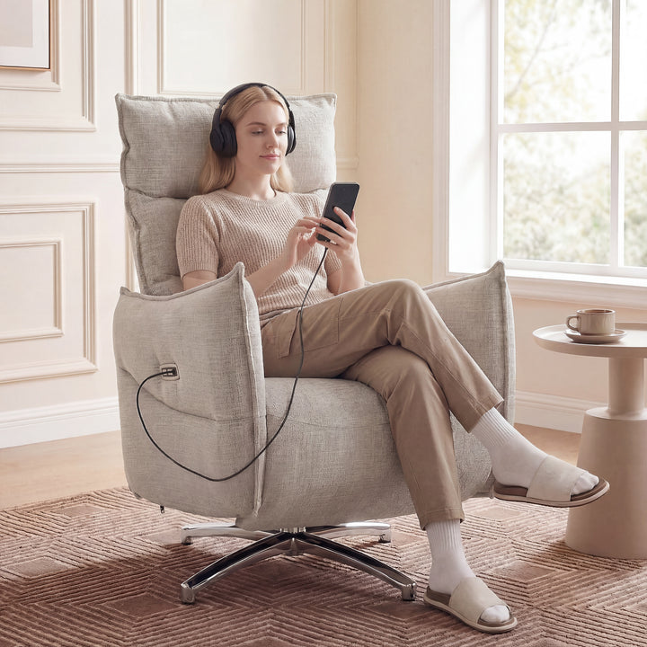 Elektrisk drejelig lænestol til voksne, lænestol med stof i linned-look og opladningsporte, beige