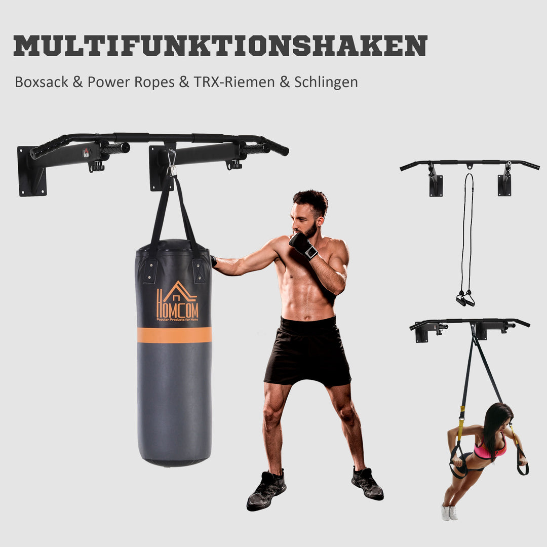 Væg- eller loftsmonteret pull-up-stang, belastningskapacitet op til 150 kg, multifunktionel pull-up-stang med skridsikre greb, øjer for sikker og stabil brug, stål, sort