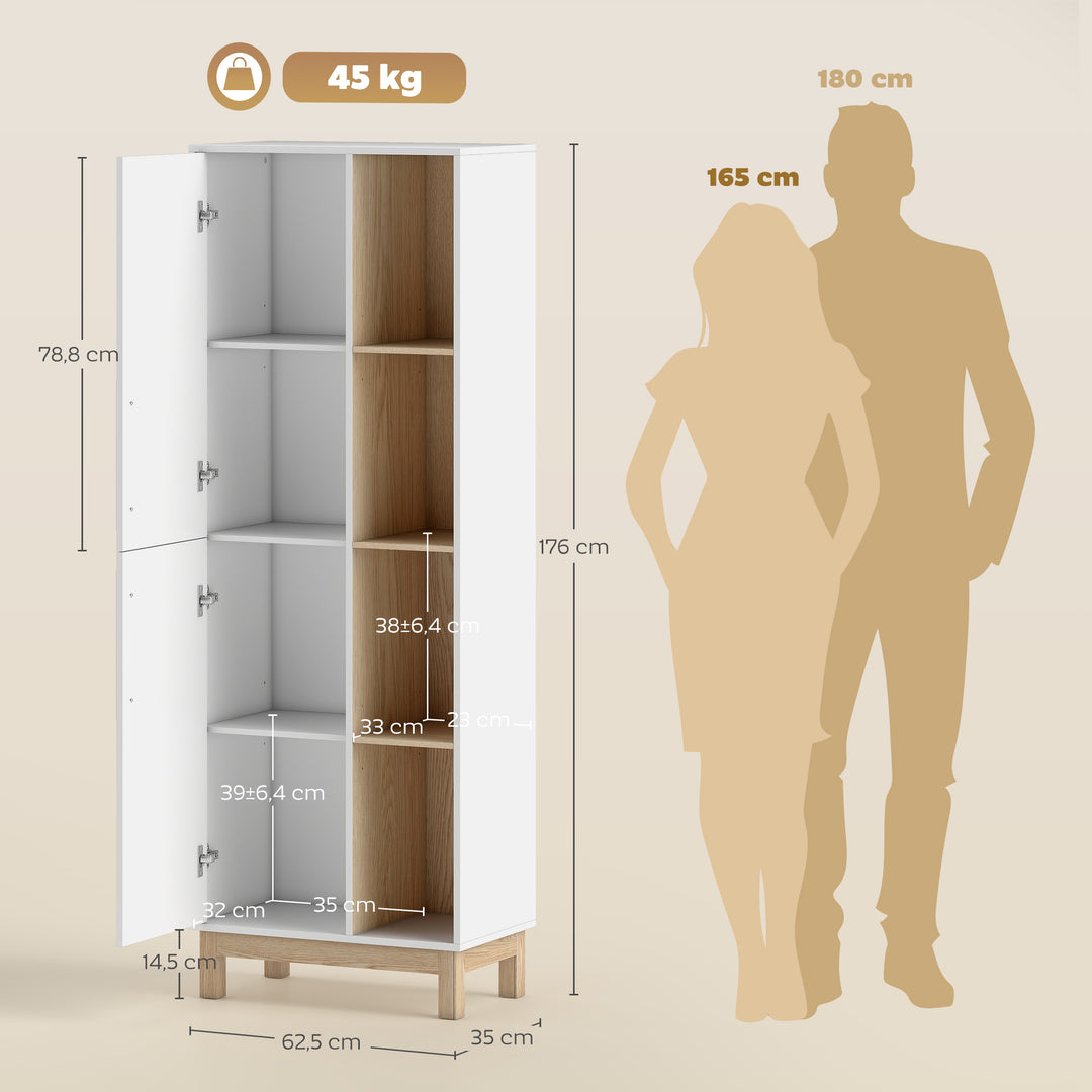 176 cm høj reol, 4 åbne hylder, 2 skabe, fritstående reol, MDF, hvid
