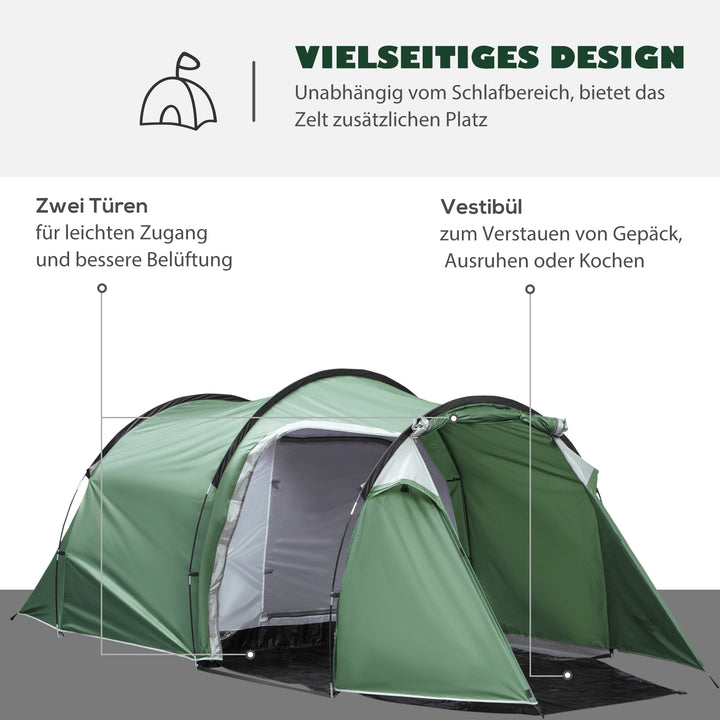 Campingtelt til 2-3 personer, stabilt, vandtæt familietelt med sidedør og vindue, telt med 2000 mm vandsøjle, tunneltelt, kuppeltelt til camping, rejser, trekking, have, mørkegrøn