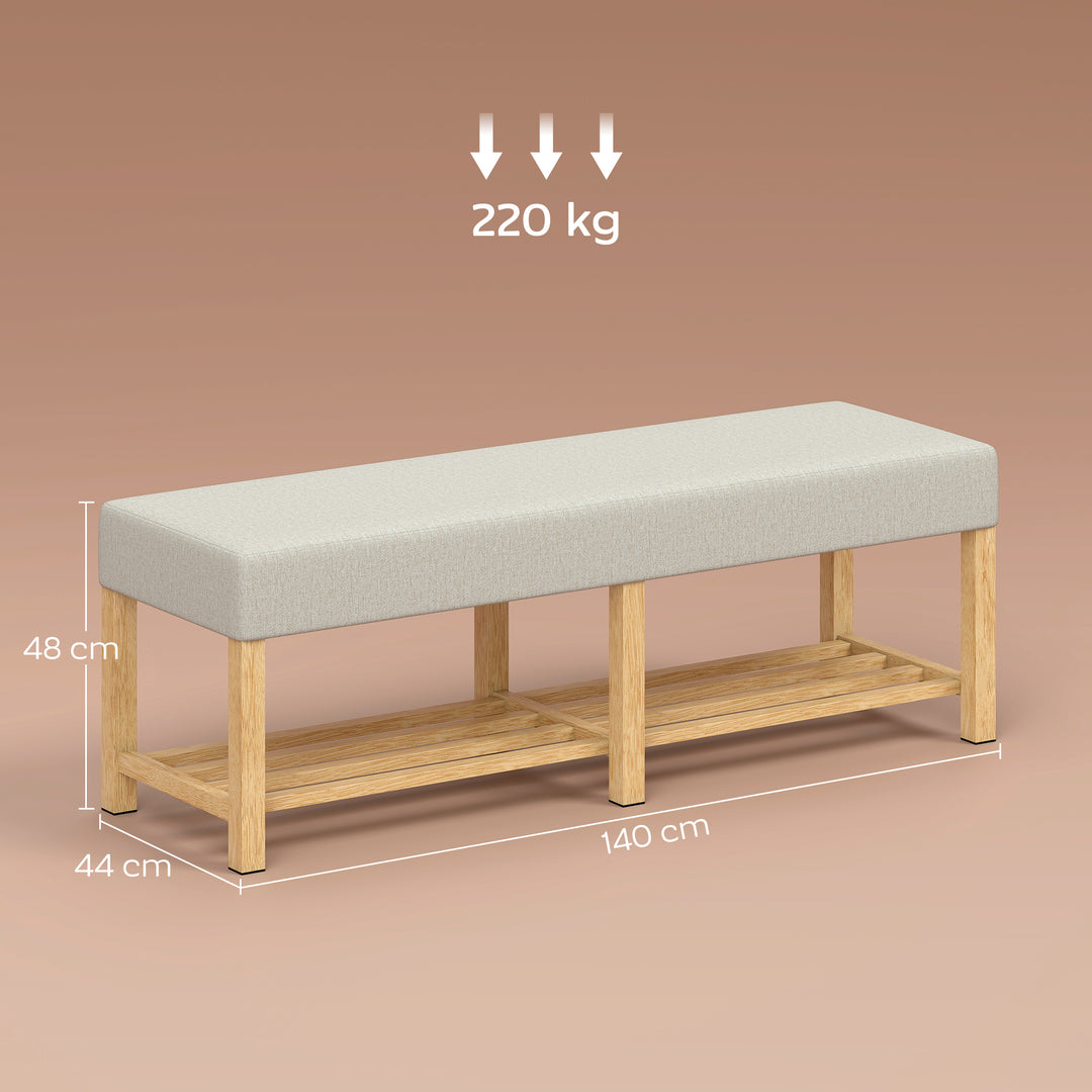 140 cm massivt træ skobænk, moderne entrébænk med polstret sæde til to personer, naturtræ og cremehvid