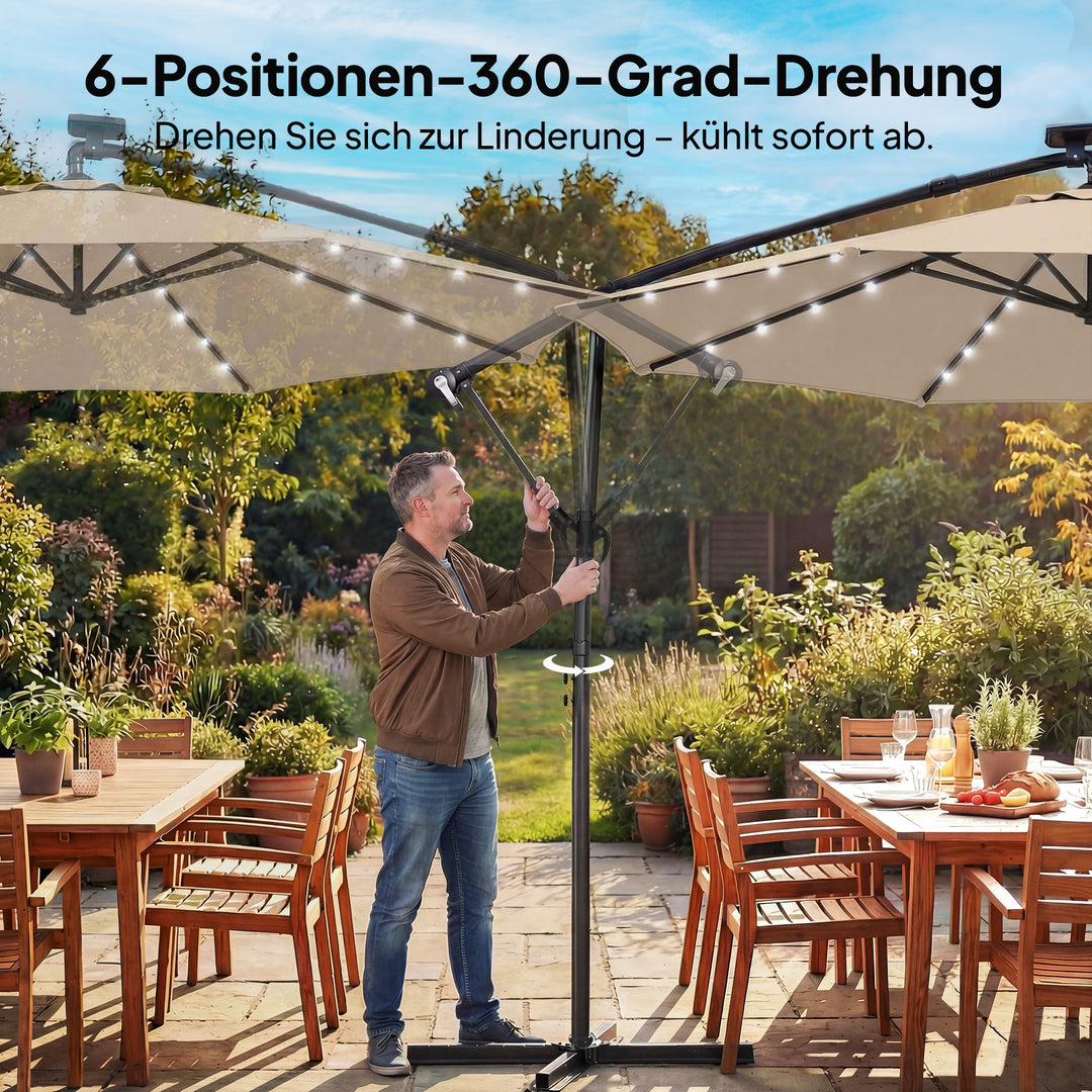 LED solcelledrevet parasol, ca. Ø300 cm, drejelig, med håndsving, beskyttelsesovertræk, beige
