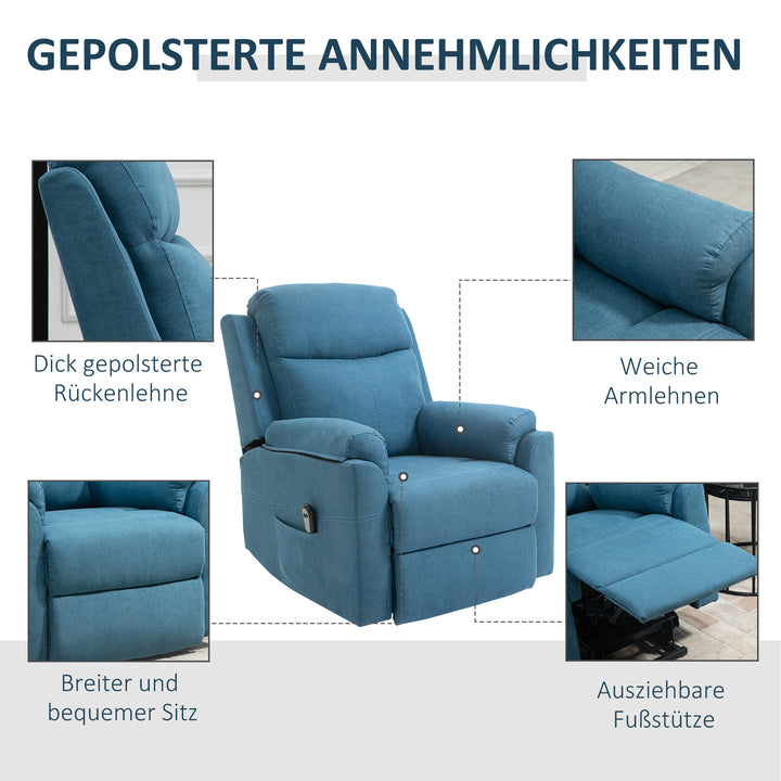 Elektrisk stol med ståhjælp til seniorer, afslapningsstol, tv-stol med sovefunktion og ståhjælp, tv-stol, lænefunktion, linned touch, blå, 83 x 89 x 102 cm
