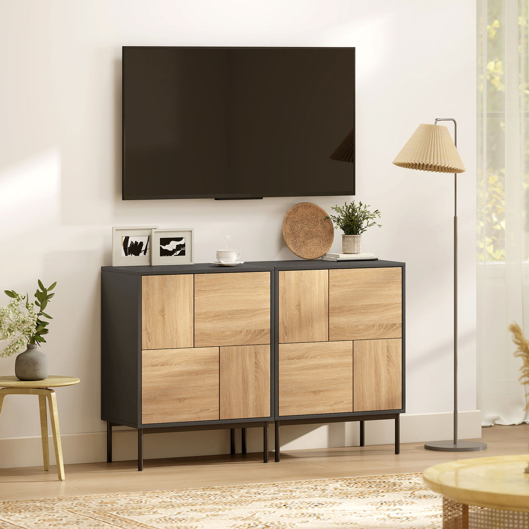 Skænk med push-to-open låger, spisestueskab med metalben, køkkenskab, MDF, sort + naturtræ
