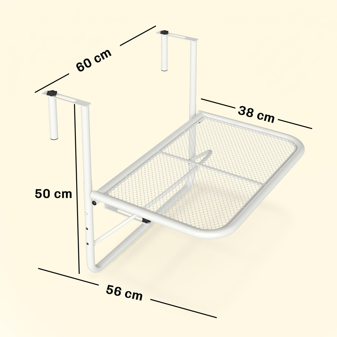 Balkonhængebord, 3-vejs højdejusterbart, metalhængebord, vejrbestandigt, balkonsidebord til balkonrækværk og terrasserækværk, 60 x 56 cm, hvid