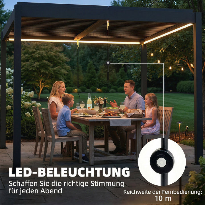 Pergola 3x3 m terrassetag i aluminium med LED-belysning, fjernbetjening, justerbart lameltag