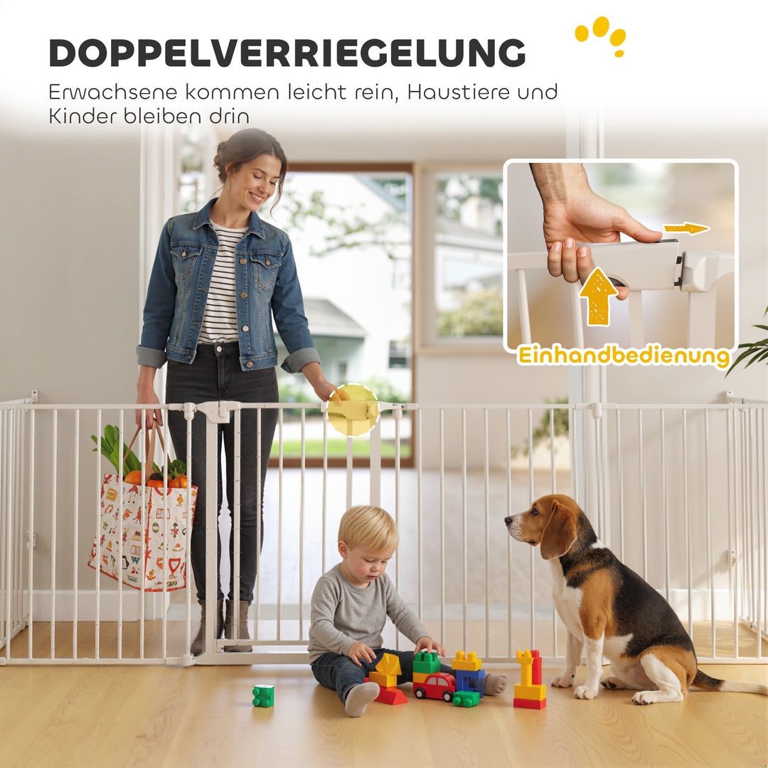 Kæledyrshegn, 6-panels barriere med dør, foldbar, til små og mellemstore hunde, plastik, kulstofstål, hvid