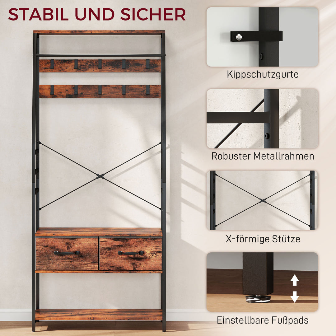 Garderobe med skohylde, stumtjener med bænk, 10 kroge, 2 stofskuffer, bøjlestang, spånplade, metal, brun