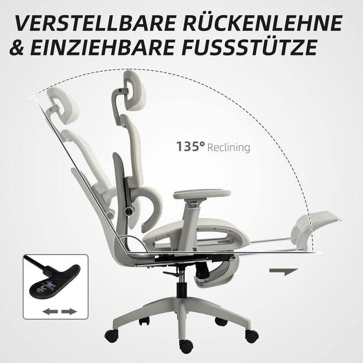 Kontorstol, ergonomisk skrivebordsstol med betræk af netstof, justerbar, hjul, med armlæn og nakkestøtte, beige