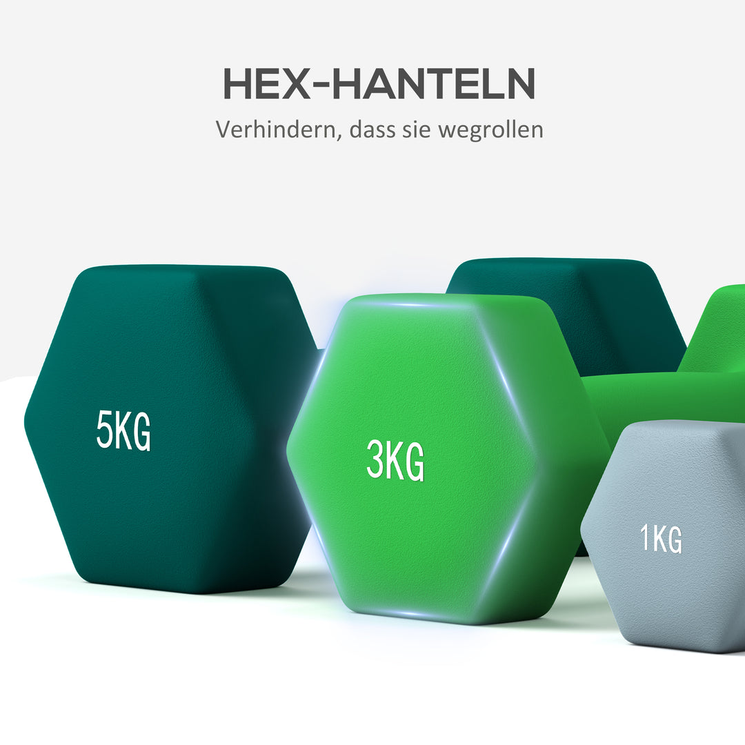 Håndvægtsæt med opbevaringsstativ, sæt med 6 håndvægte til fitnesstræning, 2 x 1 kg, 2 x 3 kg, 2 x 5 kg