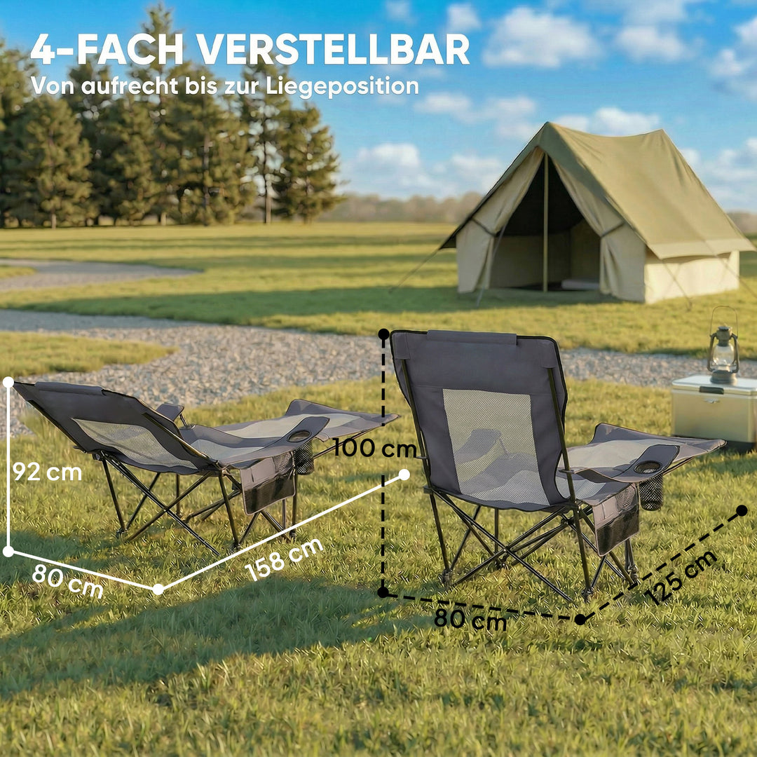 Sæt med 2 foldbare campingstole/fiskestole med justerbar ryglæn, fodstøtte, kopholder og nakkestøtte, mørkegrå