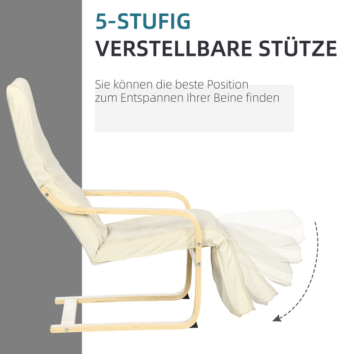 Liggestol med hynde, 5-niveau fodstøtte, birketræ, op til 120 kg, 66,5 x 94 x 100 cm, cremehvid