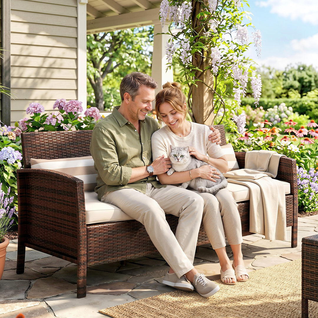 Rattan sofa med hynder, tre-personers, havelounge sofa, stål, brun, 173 x 68 x 78 cm